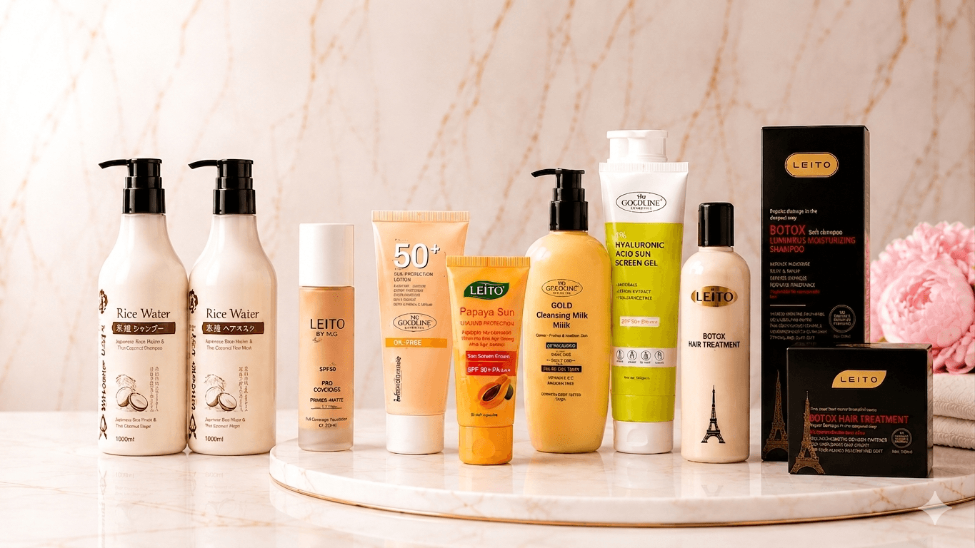 Supriya Glow Care skincare and haircare products arranged on a blush marble beauty set